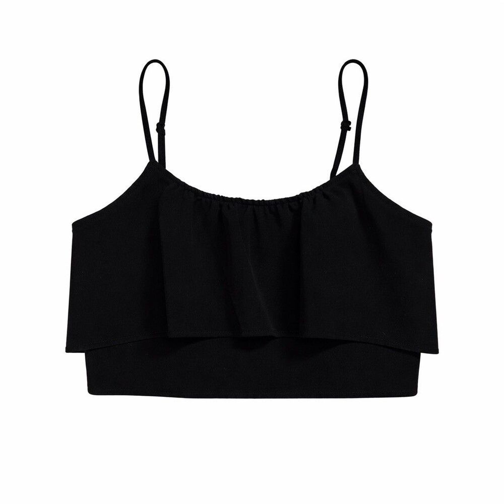 Black Ruffle Crop Top Cami Strappy Fitted Coquette Going Out Y2K Minimalist CBK - Picture 2 of 4